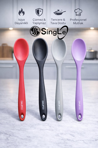 Single ( 4 Adet ) 28 Cm İsıya Dayanıklı Yanmaz Yapışmaz Silikon Derin Kaşık Seti