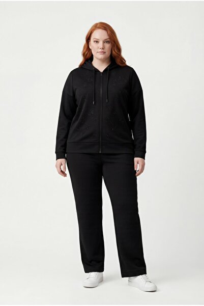 Verdavia Women's Plus Size Stone Printed Hooded Black Tracksuit Set