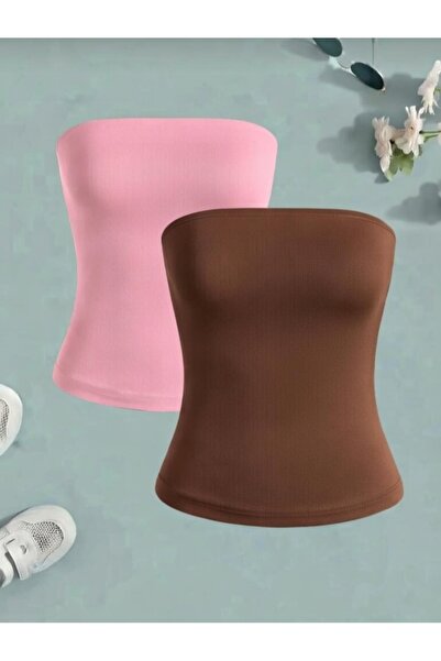 Olyssia Kadın Uzun Kahverengi & Pembe Straplez Atlet – Şık, Vücuda Oturan, Es...