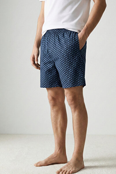 Elemge Ανδρικό σορτς πιτζάμα από βαμβάκι ελαστάν με τσέπες, σκούρο μπλε, λεπτ...