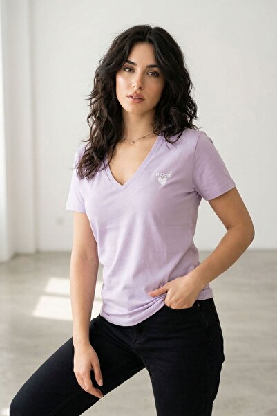 Mood Lab Μπλουζάκι με κανονική εφαρμογή, λαιμόκοψη V, βασικό λιλά, κοντομάνικ...