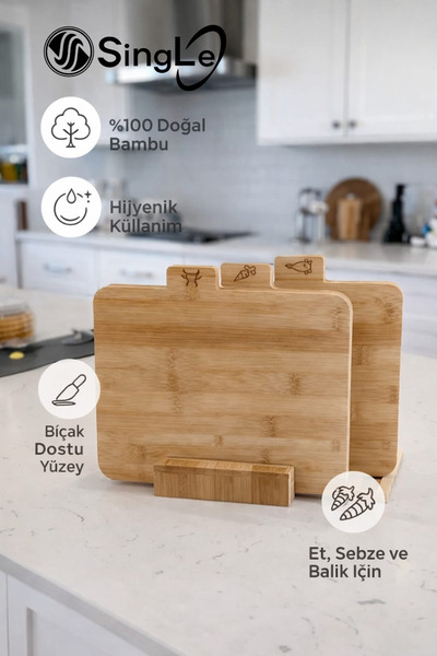 Single Standlı 3’Lü Bambu Kesme Tahtası, Sunumluk