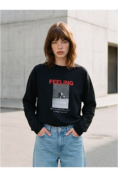 ELNOYA Black'Feeling' Written Photo Printed Premium Cotton Sweatshirt