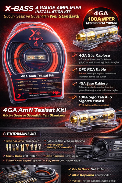 X-BASS Xb-4kit 4GA Amfi Kablo Seti Kaliteli Profesyonel Anfi Kablosu Sarı Pir...