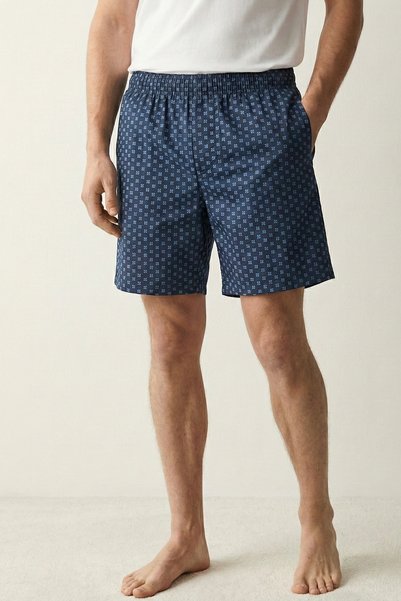 Elemge Cotton Elastane Men's Shorts Pajamas with Pockets Navy Blue Thin Combed Cotton Patterned Flexible Comfortable Fit Anti-Sweat Lycra