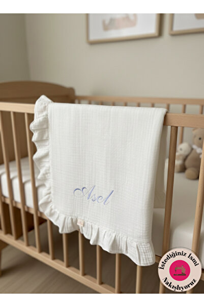 CARTI Kişiye Özel Nakışlı %100 Pamuk Dört Kat Müslin Pileli Bebek Battaniyesi