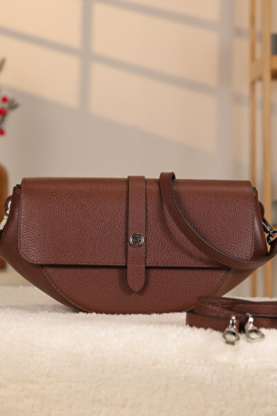 Aksesuarlia حقيبة جلد بني مع حزام كتف ومتعددة الأقسام - 40436 جلد طبيعي