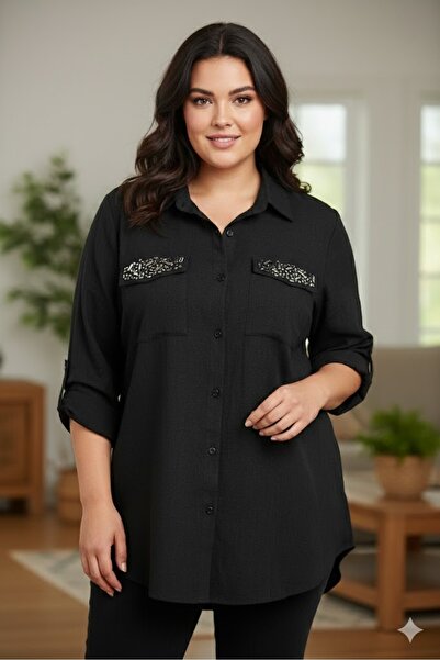 elma abone Plus Size Crinkle Batik Stone Decorated Shirt Bluse