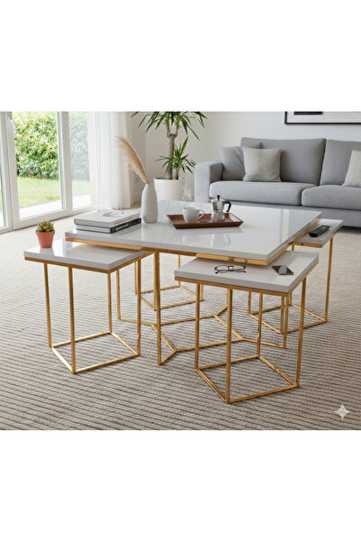 Nokta Sehpa Home 5Lİ HERKÜL 4+1 ORTA pizza SEHPA GOLD BEYAZ MDF TABLA