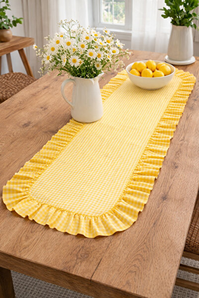 ŞAH TEXTILE DESIGN Sarı pötikareli firfir detay runner 40x110