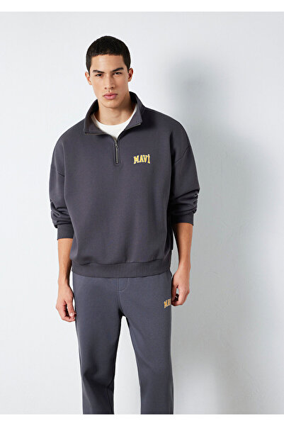 Mavi Logo Baskılı Yarı Fermuarlı Antrasit Sweatshirt 0S10208-70101