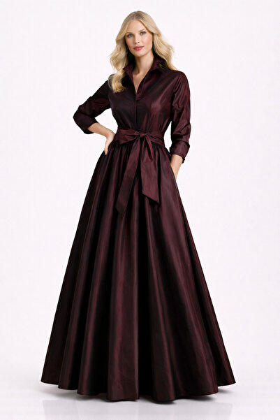 UNTIMELY Bele Kadar Gizli Patlı, Cepli & Kuşaklı Şık Tafta Maxi Gömlek Elbise