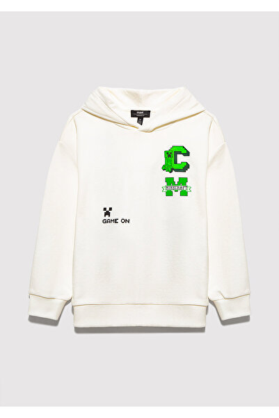 Mavi Minecraft Baskılı Kapüşonlu Ekru Sweatshirt. 6S10176-70057