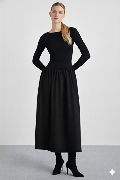 YAMORE Etek Kısmı Poplin Kumaş Üst Kısmı Viskon Maxi Boy Siyah Elbise