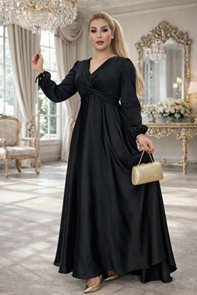 Yeşilmoda فستان سهرة، نسائي، ماكسي، قماش ساتان، واسع، رقبة على شكل حرف V، كم ...