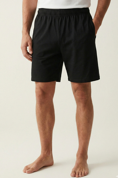 Elemge Βαμβακερό ανδρικό σορτς πιτζάμες μαύρο με τσέπη Λεπτό χτενισμένο βαμβα...