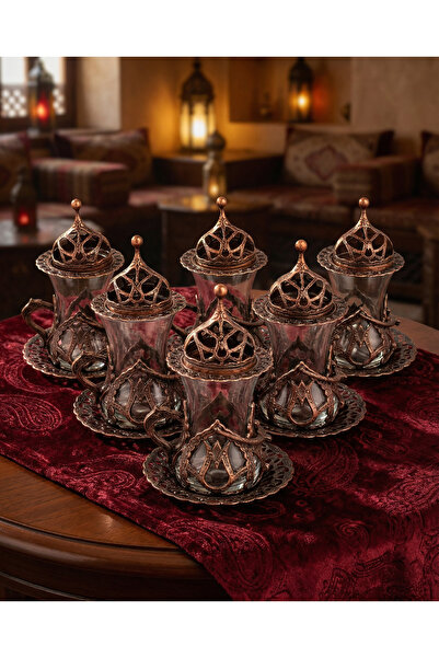 ACAR Turkish Tea Set: 6 Glass Cups with Openable Tops and Saucers, Antique Re...