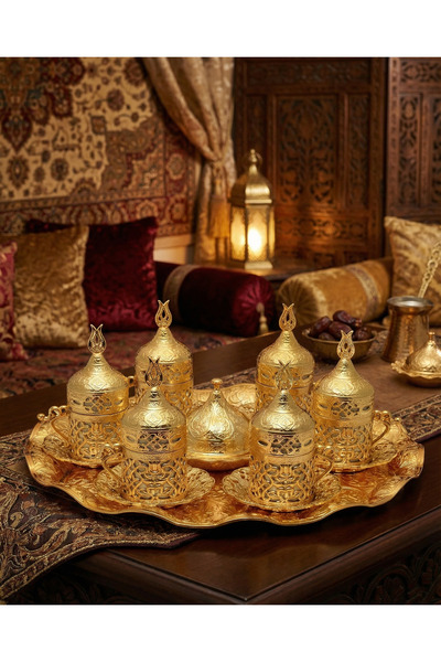 ACAR طقم تقديم قهوة لـ 6 أشخاص مع أكواب زجاجية، صحون، أغطية، وعاء سكر وصينية،...