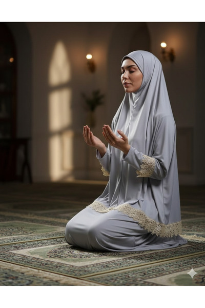 Defkay فستان صلاة نسائي من الدانتيل مع تنورة من قطعتين بلون موحد