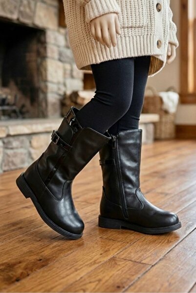 LUCEVERA Kız Çocuk Siyah Uzun Bot 31-35 Numara – Fermuarlı Tokalı Kışlık Günl...
