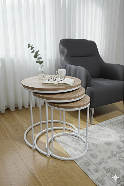 usta mekan 3'lü Beyaz Ayak Antik Çam Tabla Zigon Servis Salon Sehpa