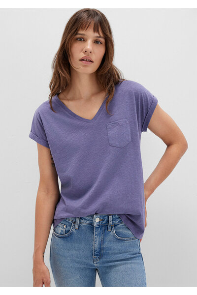 Mavi V Yaka Mor Basic Tişört Loose Fit / Bol Rahat Kesim 1600961-70608