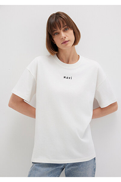 Mavi Logo Printed White T-Shirt Loose Fit / Loose Relaxed Fit 1612518 -70057