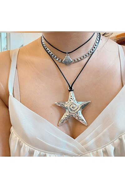 LAİKA Antik Gümüş Kaplama Deri İpli Spiral Yıldız Kolye 60 CM