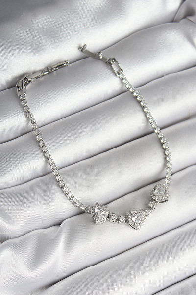 Skygo Brass Row Heart Figured Zircon Stone Silver Color Women's Bracelet - Tj...