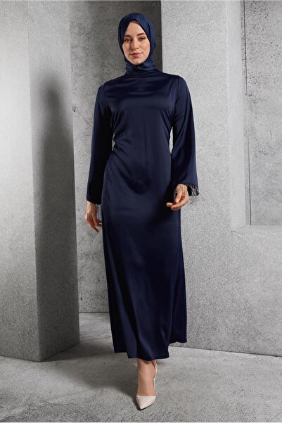 TRENDTESETTÜR KADIN LACİVERT SATEN ABİYE ELBİSE T 5744