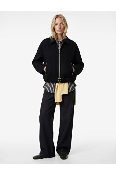 Koton Long Sleeve Belt Detailed Zippered Oversized Cashmere Bomber Jacket