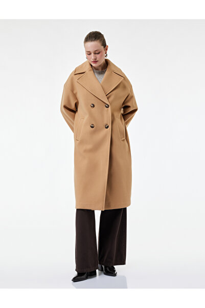 Koton Long Sleeve Buttoned Double Breasted Long Cashmere Coat with Pockets