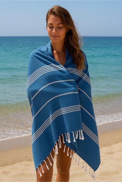 Happynesso Buldan Peshtemal Set of 2 |   90X180 cm Bath Towel |   Beach Towel |   Camping & Hammam Towel - Dark Blue