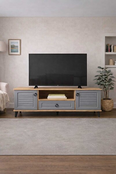 Dekurt Modern Ahşap Antrasit TV Ünitesi Kapaklı Televizyon Ünitesi Salon TV S...