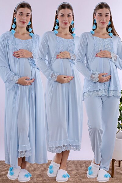 ByLohusa Pamuklu Emzirme Özellikli Rahat Kesim Hamile Lohusa Set Effortt - Mavi