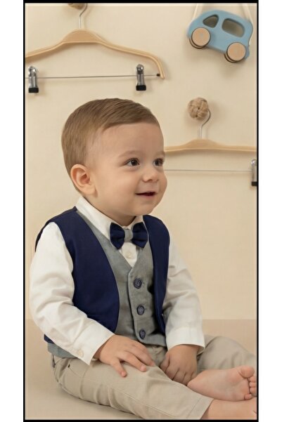 Baby shine طقم تركي ولادي فاخر من القطن والكتان الطبيعي - 4قطع - الصديري الكح...