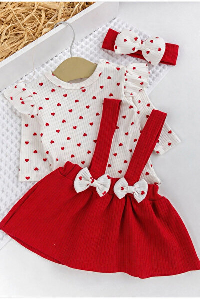 By Murat Bebe ❤️   Premium Baby Girl Dress Body Set – Red Hearts - Short Sleeve