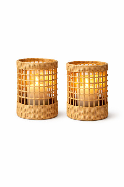 Joujou Doğal Rattan 2'li Mumluk 10x10 cm – El Yapımı Mumluk | Bohem Dekoratif...