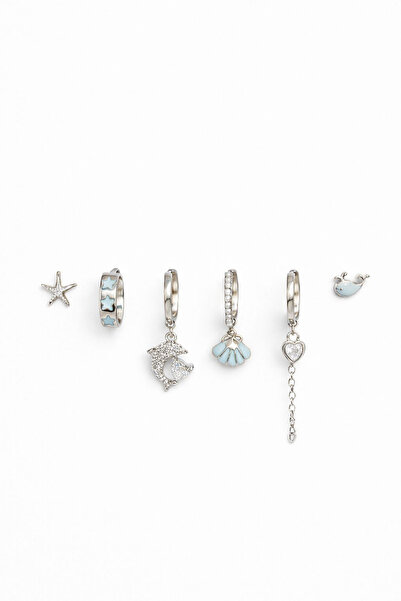 Leo'Stone 6 Lı İSTİRİDYE Tasarım Kararmaz Renk Atmaz Çoklu Kadın Çelik Küpe