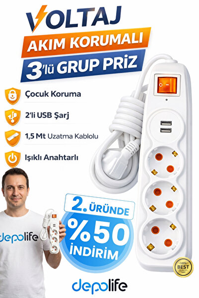 Depolife Voltaj Akım Korumalı 3lü Grup Priz Çocuk Koruma 2'li Usb Şarj 1,5 Mt...