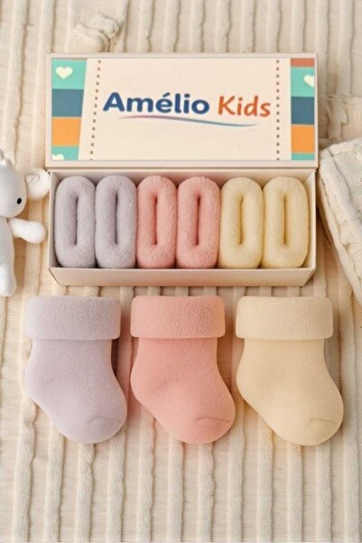 Amélio Kids Havlu Kışlık Kız Bebek Çorabı / 3'lü Kutulu / Premium / Yeni Doğan