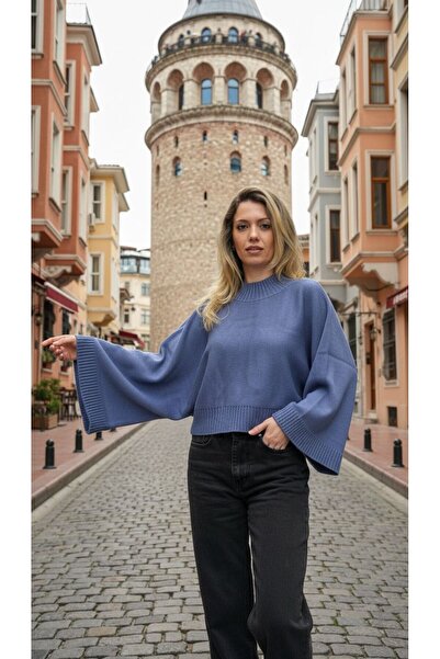 MELEK ARAZ Kadın İndigo Yarasa Kol Kazak