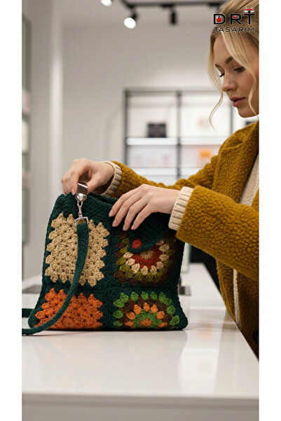 drt tasarım Kadın Yeşil Patchwork Ve Taş Detaylı Saplı Omuz Çantası 868175008...