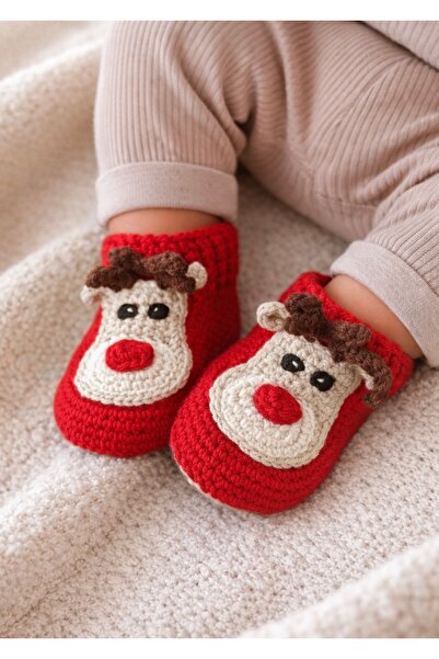 seraskids El Örgüsü Kırmızı Geyik Desenli Unisex Bebek Kışlık Bot Patik | Kot...