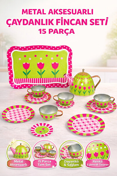 YILDIRIM OYUNCAK 15 Parça Aksesuarlı Metal Çaydanlık Set Metal Kaliteli Tepsi...