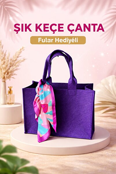 Two Two Geantă din pâslă de culoare violet cu eșarfă cadou – Geantă de umăr e...