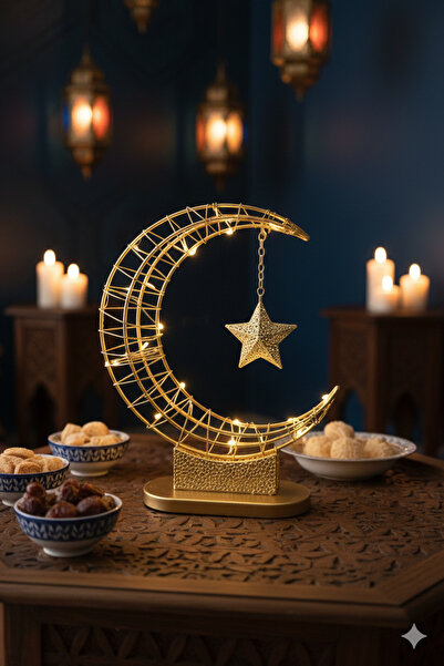 Modern shop استاند مجسم هلال ونجمه مع إضاءة ليد تعمل بالبطارية -ذهبي -ديكور ر...