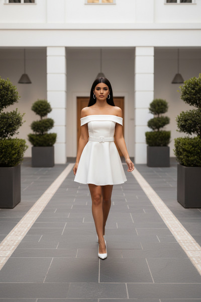 Şayse Design Madonna yaka ,sırtı Bağcıklı ,A kesim,Beyaz kısa abiye elbise