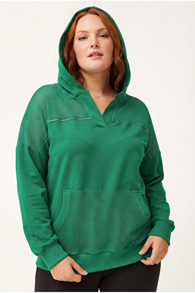 Ebsumu Hanorac verde cu glugă de mărime mare pentru femei, cu detaliu din plasă