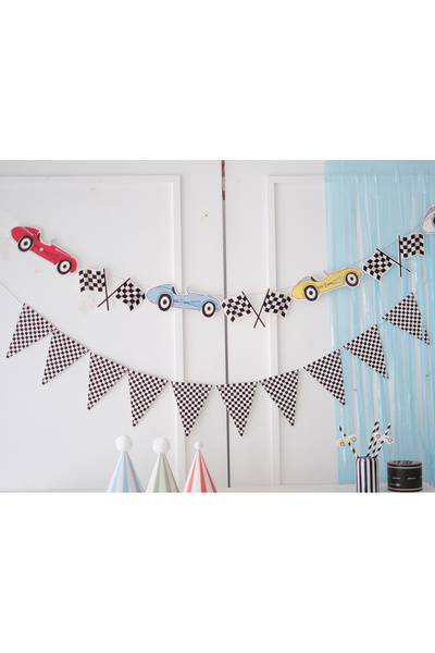 Partifabrik -Rennwagen mit Fahrzeugmotiv – 2-teiliges Auto- und Dreiecksbanner